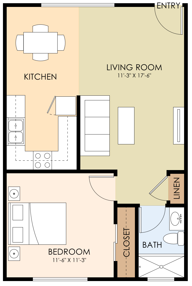 Floor plan for 1 bed, 1 bath, 900 sqft